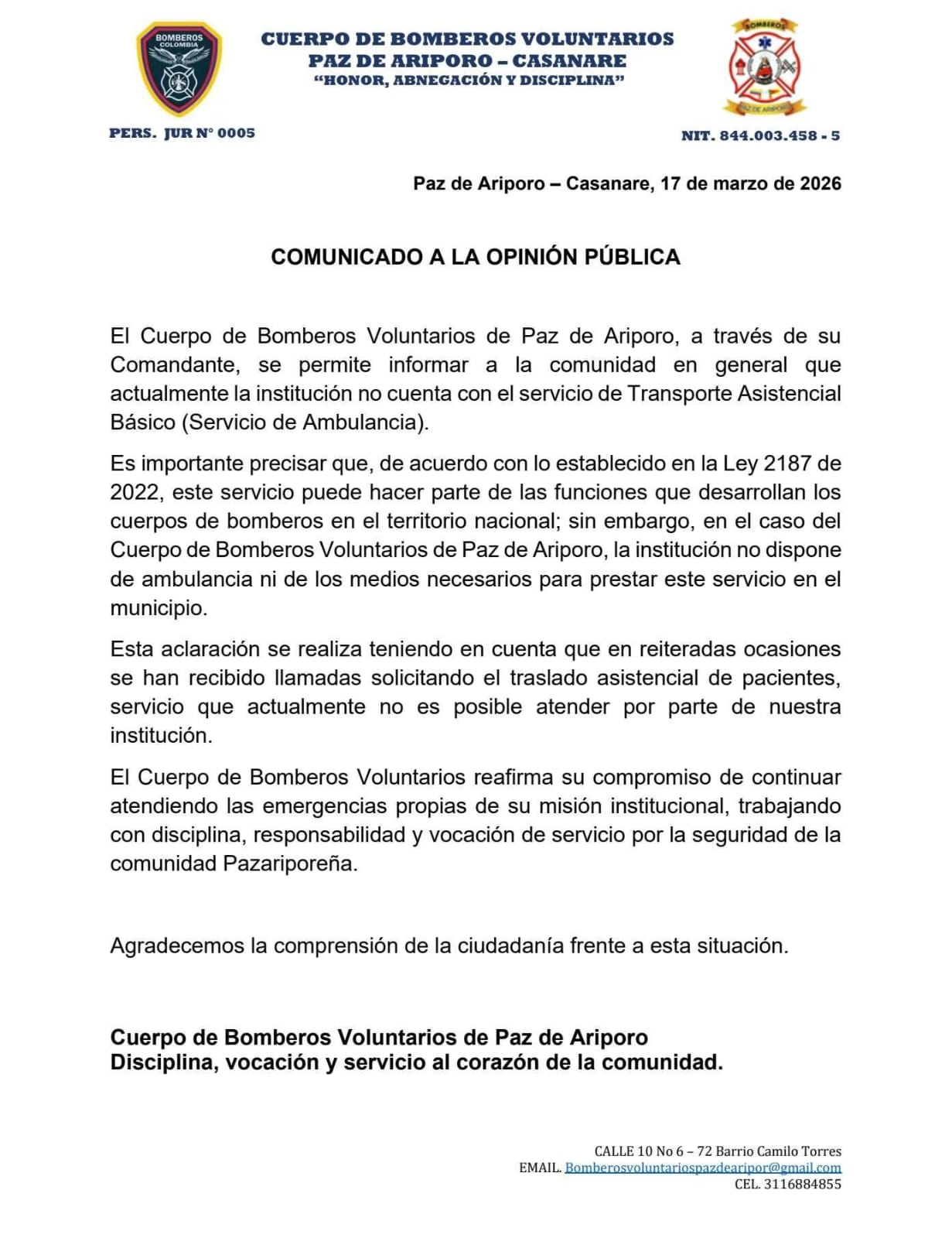 Comunicado Bomberos Pza