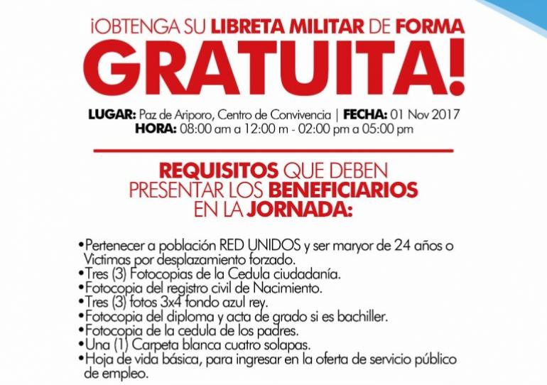 Jornadas especiales de entrega de libretas militares para víctimas  este 01 de Noviembre  en tres municipios de Casanare
