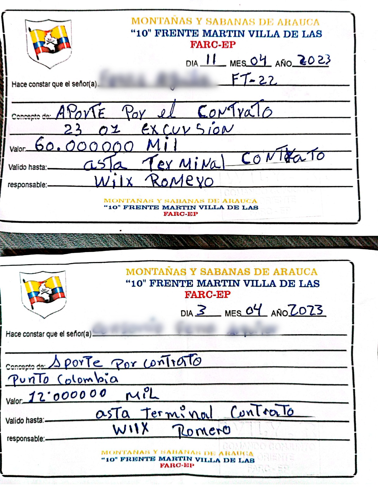 Recibos cobro extorsión