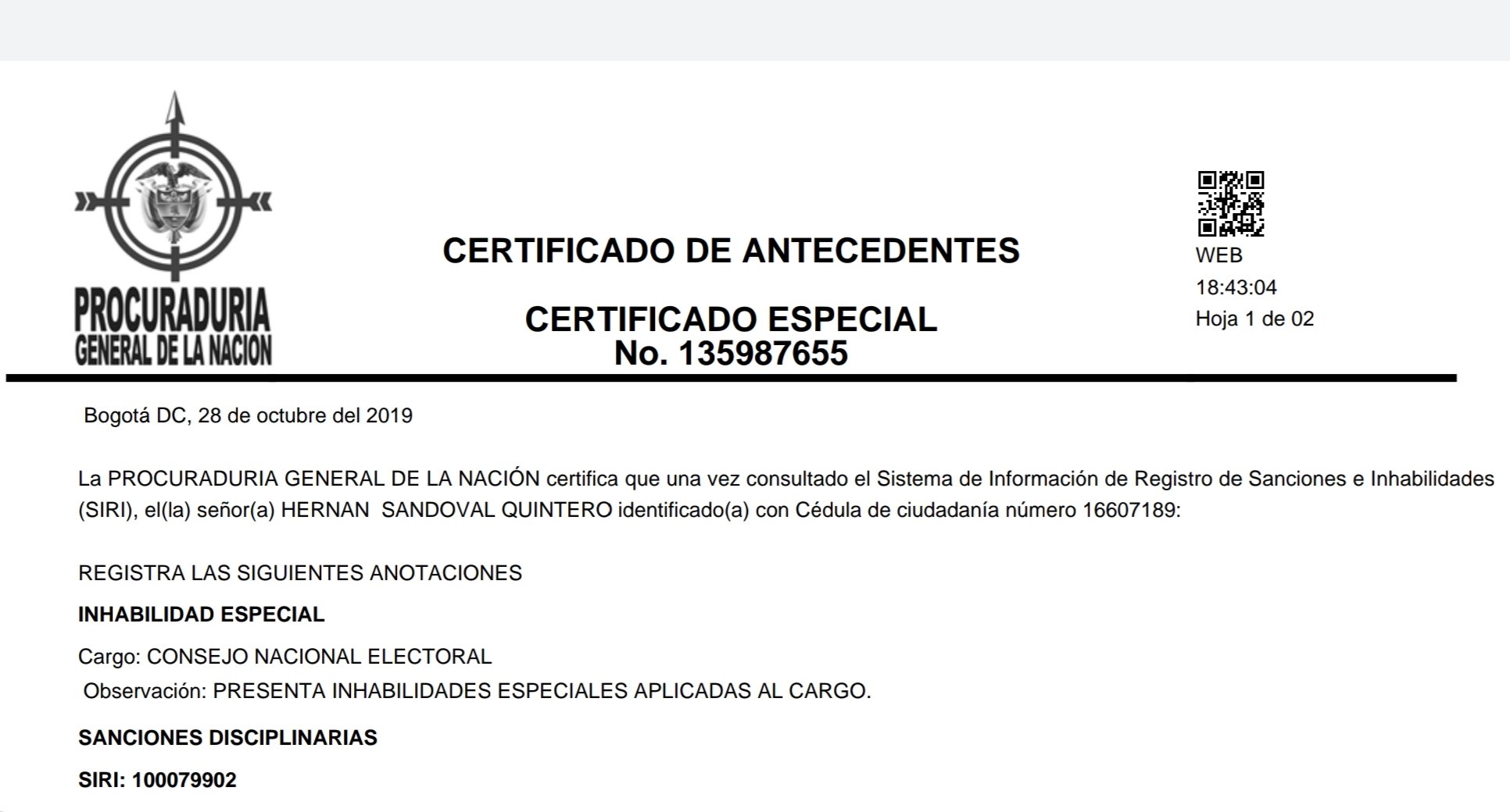 Delegado del CNE para elecciones en Casanare está inhabilitado por la Procuraduría