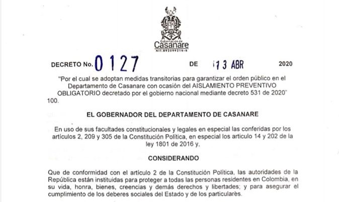 Gobierno Departamental establece Decreto por medio del cual se adoptan medidas para la continuidad del Aislamiento Obligatorio