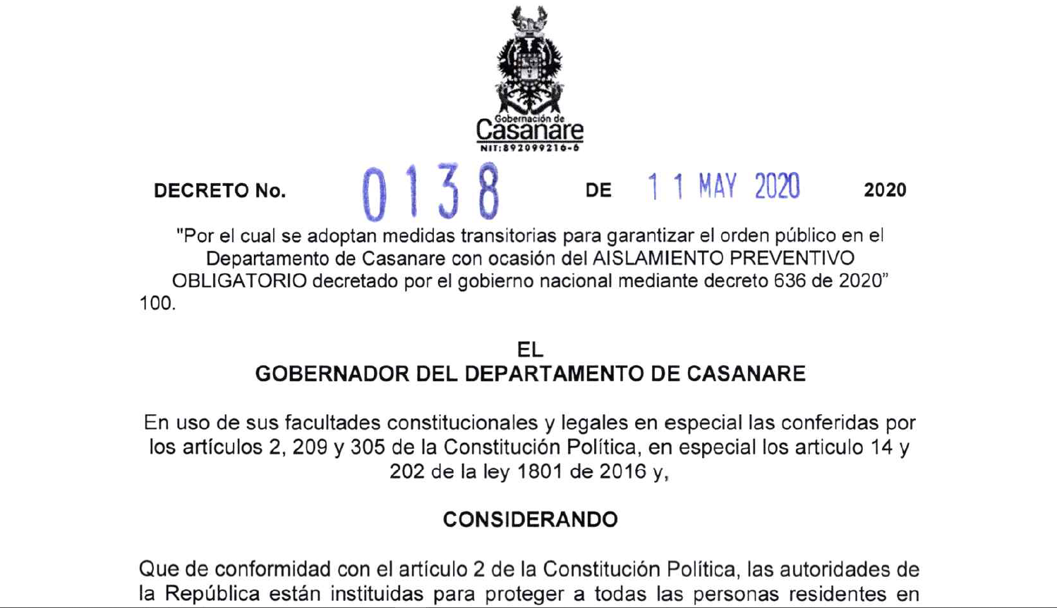 Toque de queda en Casanare del 11 al 25 de mayo como medida preventiva contra el coronavirus