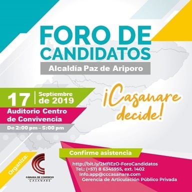 La Cámara de comercio de Casanare realizará Foro con los candidatos a la Alcaldía de Paz de Ariporo el próximo 17 de septiembre