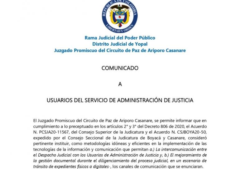 Juzgado Promiscuo del Circuito de Paz de Ariporo iniciará actividades a partir de este miércoles 1 de julio