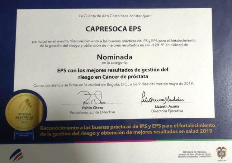 Capresoca EPS nominada a Premio Nacional por buenos resultados en manejo de cáncer de próstata