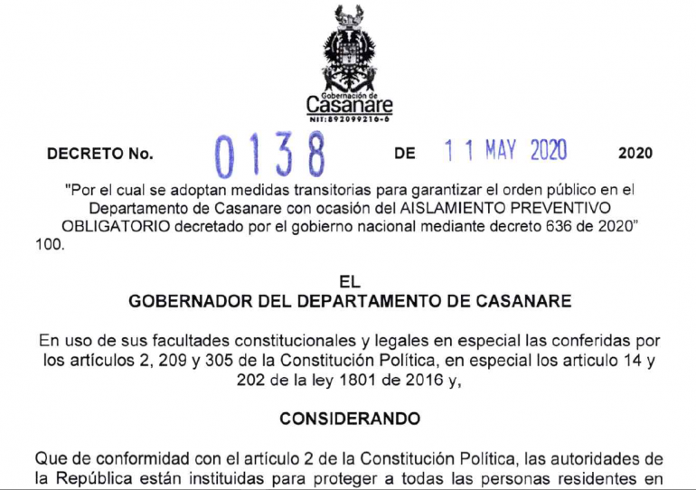 Toque de queda en Casanare del 11 al 25 de mayo como medida preventiva contra el coronavirus