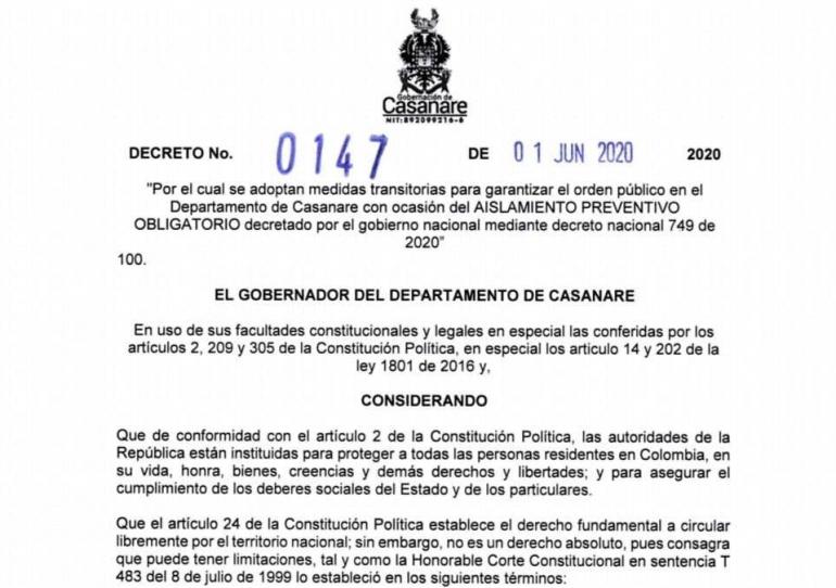 Gobernación de Casanare adoptó medidas para continuar con el Aislamiento Preventivo Obligatorio